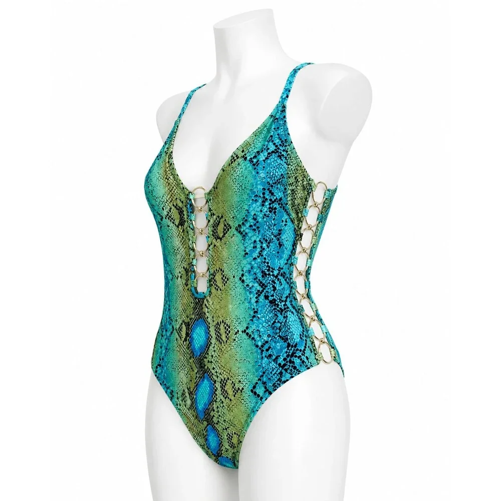 Michael Kors Women’s One Piece Swimsuit Size 10 Blue Green Snake Print